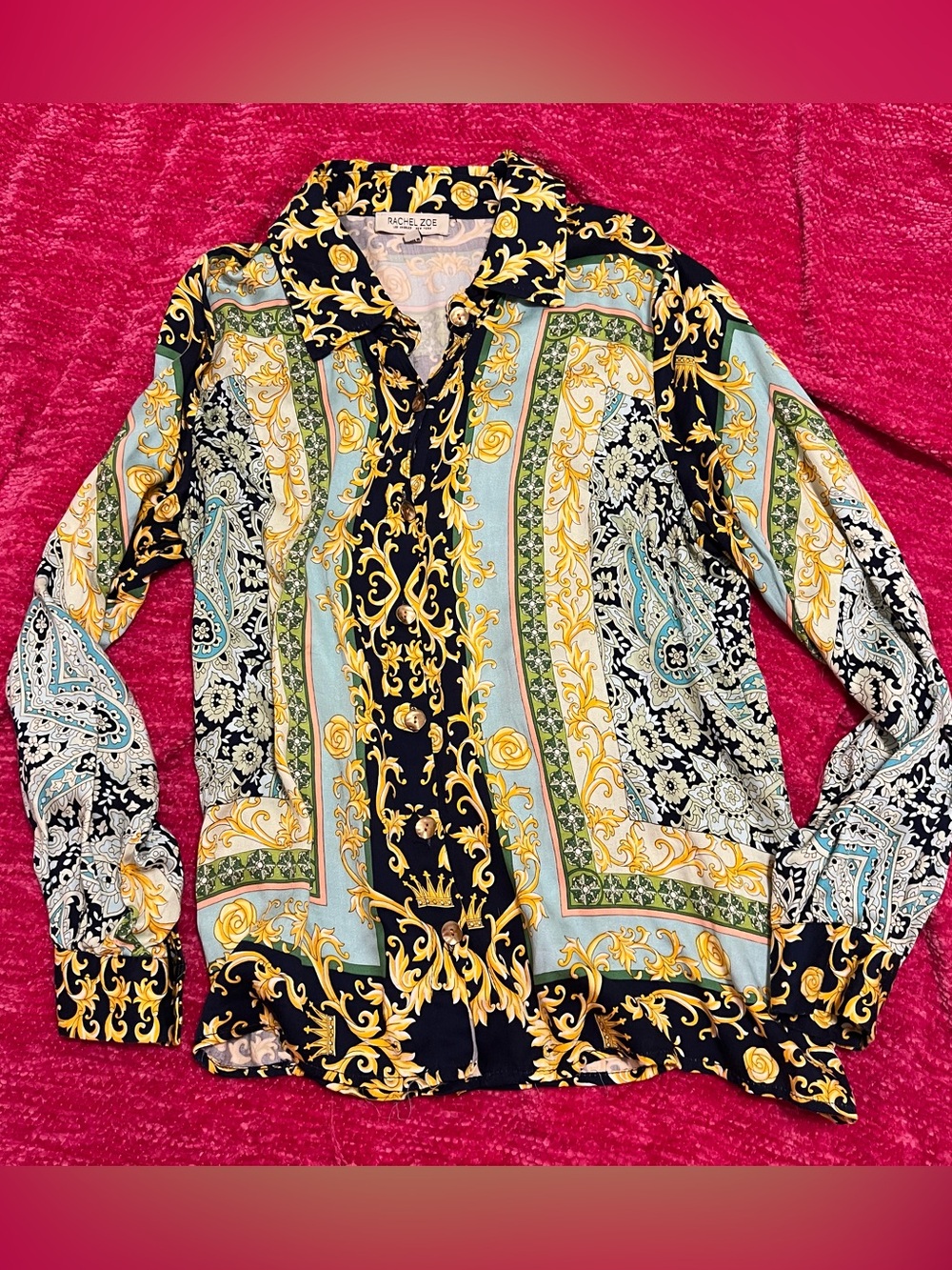 Rachel Zoe Multicolor Baroque Print Button-Down Blouse size Small
